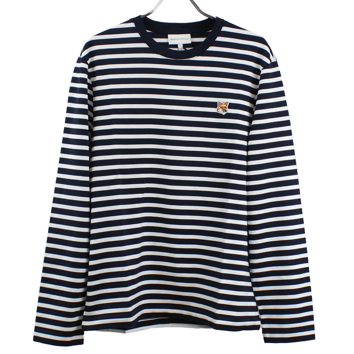 メゾンキツネ MAISON KITSUNE  クルーネック ロングＴシャツ　メンズ FOX HEADLM00105　KJ0044　S480NAVY STRIPES ネイビー系 ホワイト系 apparel-01 win-02m