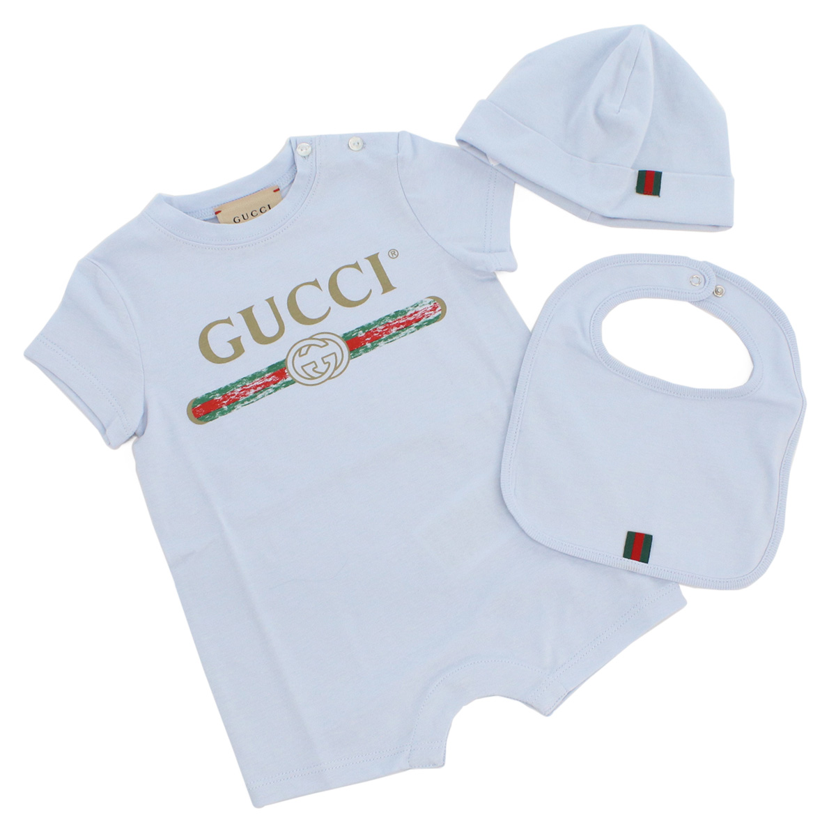 BRANDAILE / グッチ GUCCI ベビー ロンパース ブランド スタイ 帽子 3点セット 548249 X3L64 4366 ブルー系  kb-01