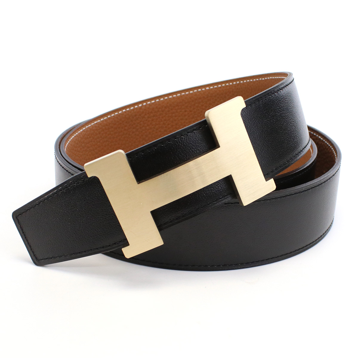 エルメス HERMES  メンズベルト ブランド Hロゴコンスタンス 5382　BOXカーフ-トゴ　NOIR-GOLDブラック ブラウン系 belt-01