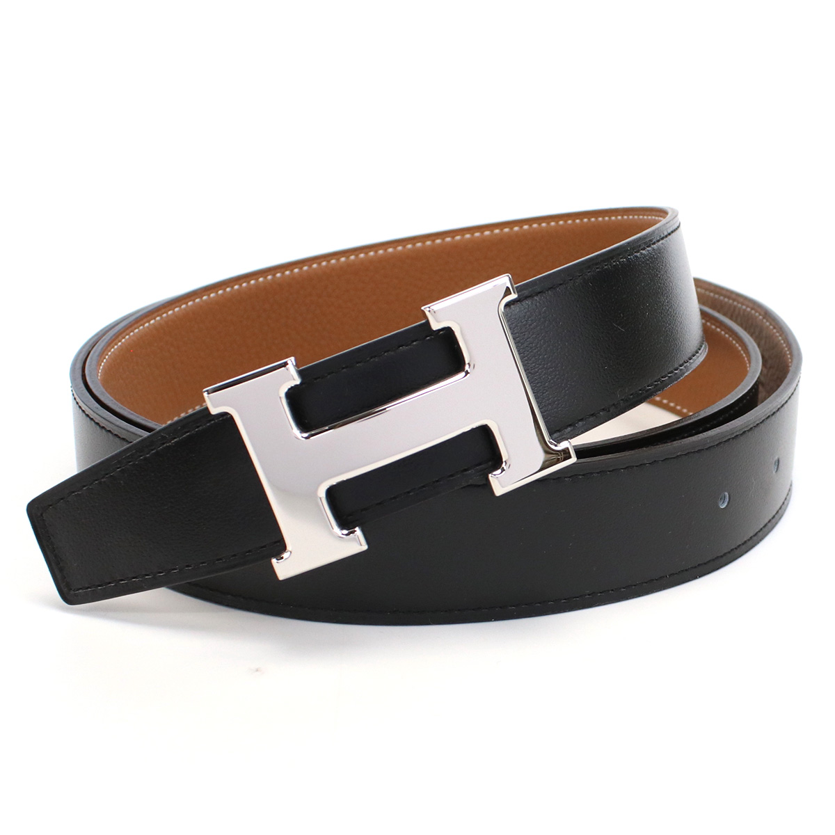 エルメス HERMES  メンズベルト ブランド HロゴH　BOXカーフ-トゴ　NOIR-GOLDブラック ブラウン系 belt-01